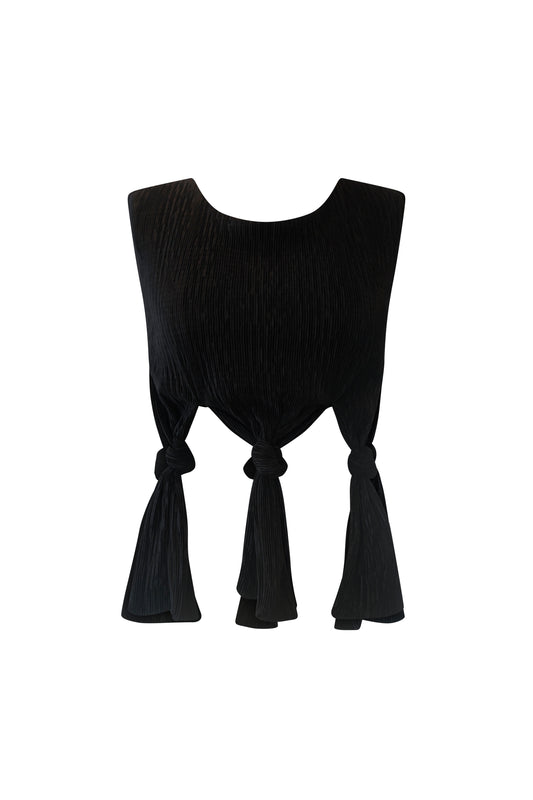 Ghost mannequin view of Robin Top in black – sculptural plissé crop top featuring adjustable knot ties and minimalist boat neck