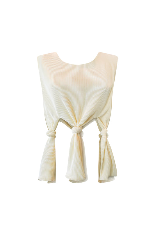 Ghost mannequin view of Robin Top in ivory – pleated plissé crop top with knot tie details and boat neckline