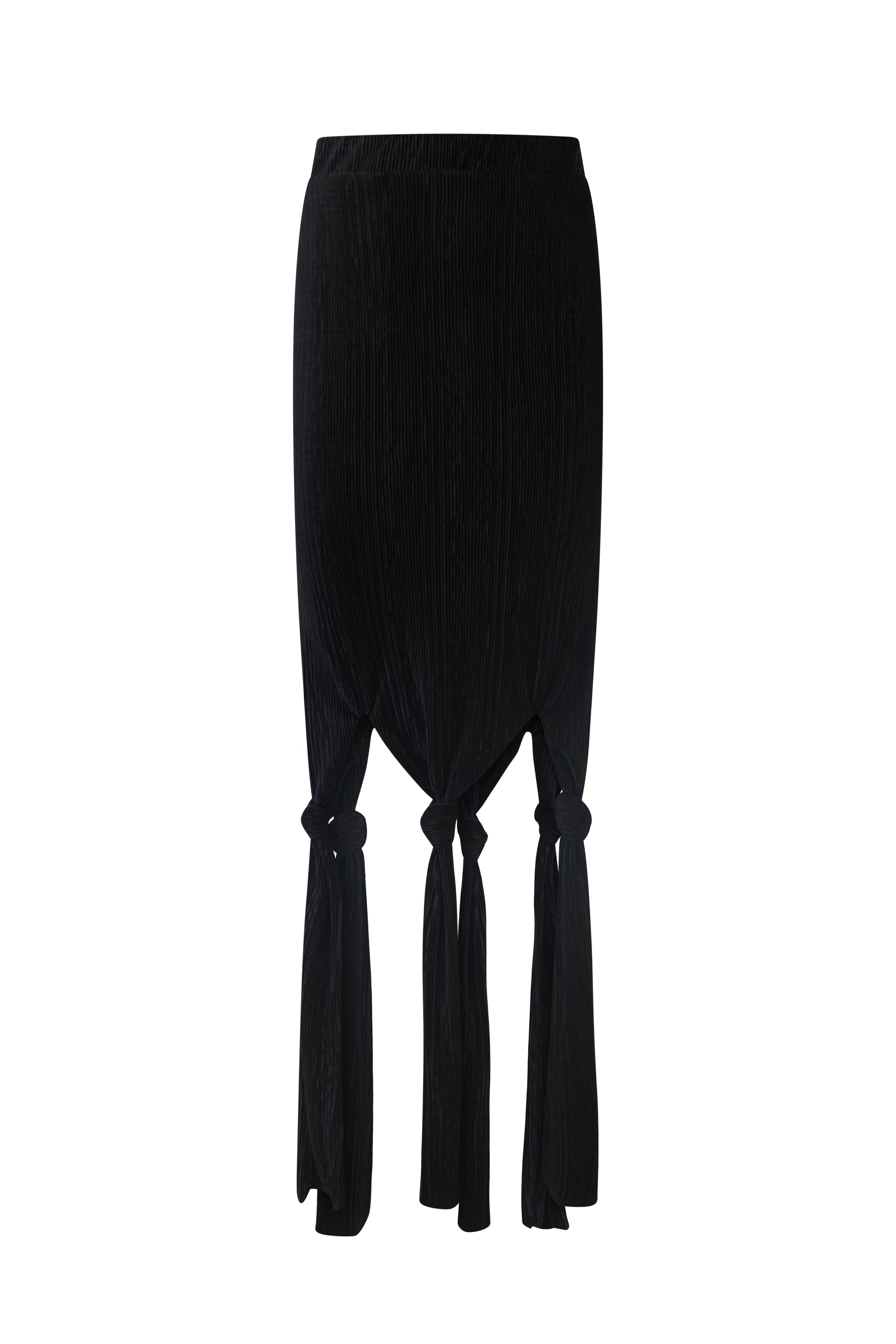 Ghost mannequin view of Robin Skirt in black – plissé midi skirt with sculptural knot ties and flowing high-rise silhouette