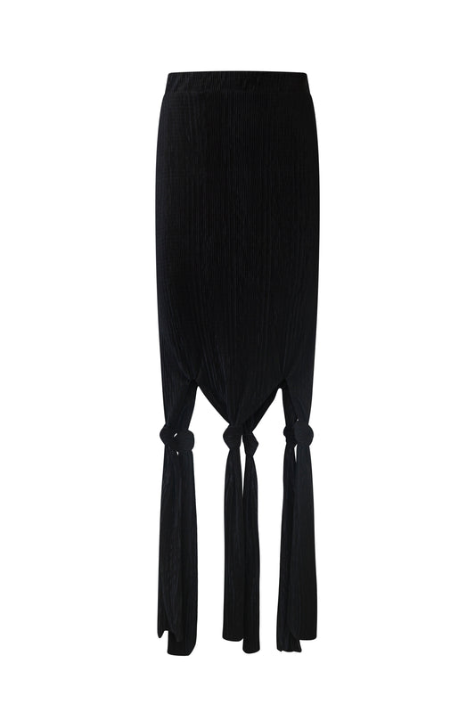 Ghost mannequin view of Robin Skirt in black – plissé midi skirt with sculptural knot ties and flowing high-rise silhouette