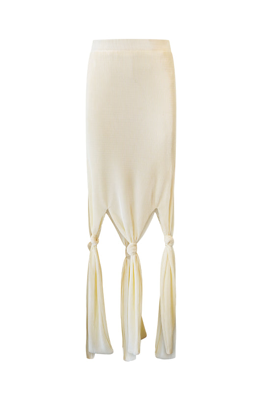 Ghost mannequin view of Robin Skirt in ivory – high-waisted pleated plissé midi skirt with hem knot tie detailing